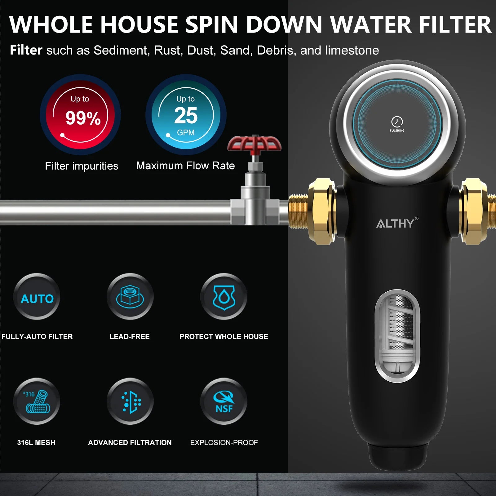 ALTHY Auto-Flush Whole-Home Sediment Filter - 40µm Stainless Mesh.