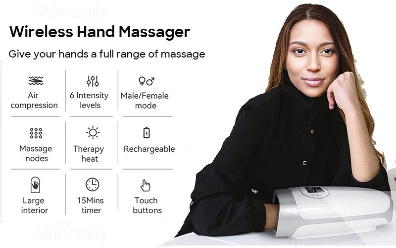 2025 Electric Wireless Hand Massager Device Heat Air Compression Palm Massage Machine Beauty Finger Wrist Spa Relax Pain Relief