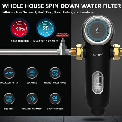 ALTHY Auto-Flush Whole-Home Sediment Filter - 40µm Stainless Mesh.