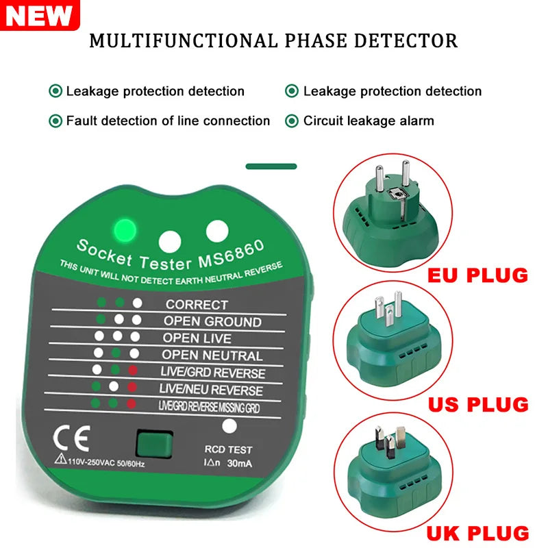 Smart Grounding Socket Tester – Polarity, Phase & Leakage Detection